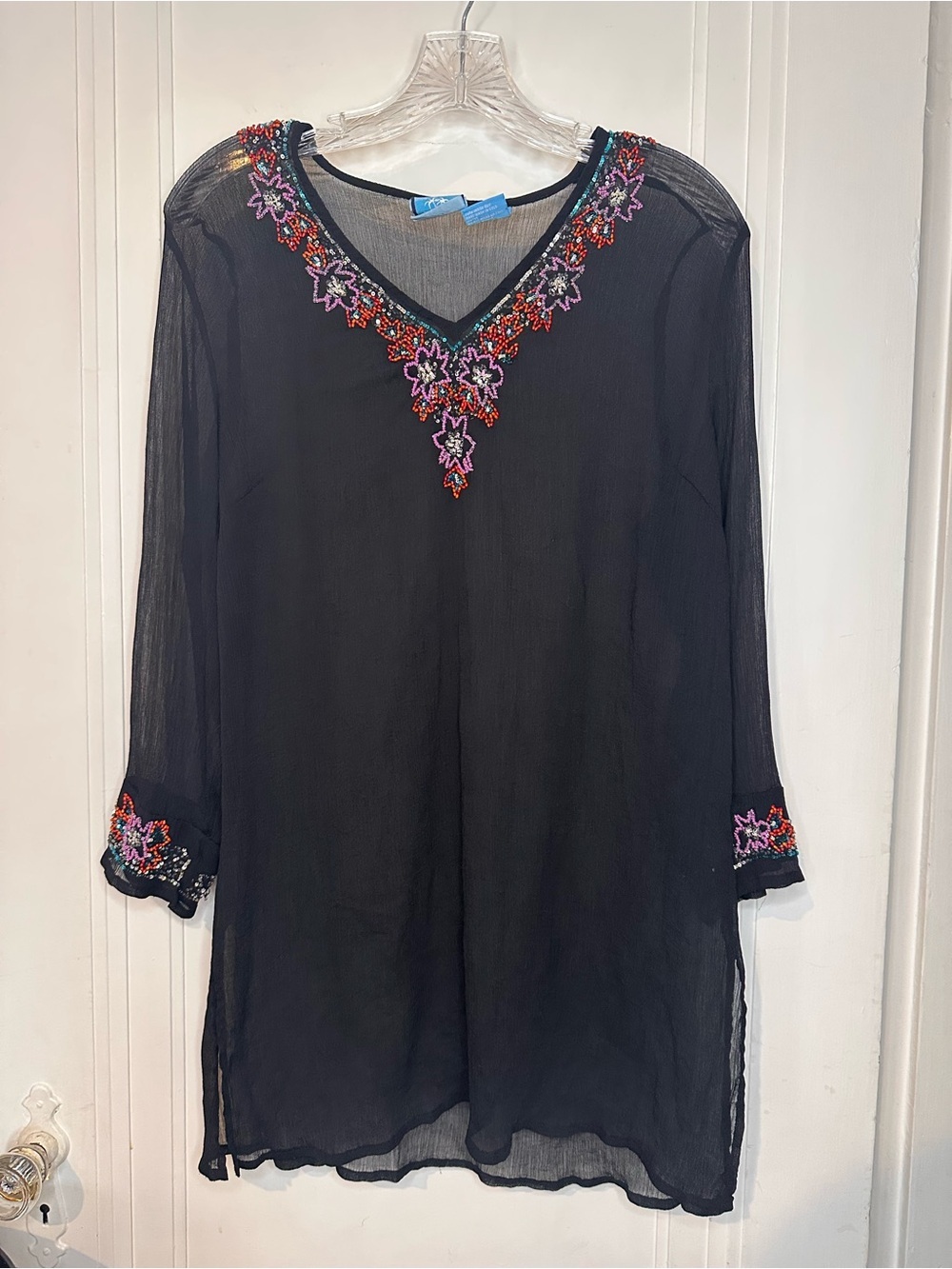 blue island Black Sheer Tunic with Multicolor Beaded Floral Trim
